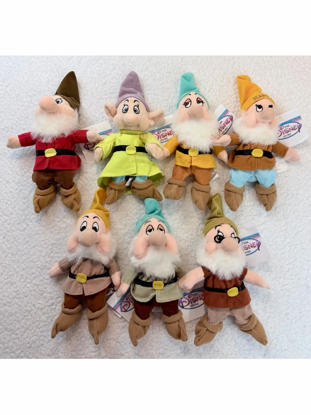 (VTG NWT) DISNEY • 1997 Complete Snow White Seven Dwarfs Plush Set w/ Bag